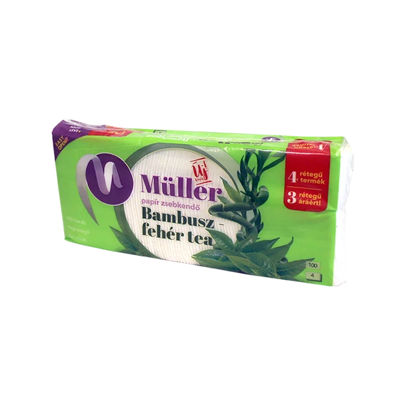 Papírzsebkendő 4 rétegű 100 db/csomag Bambusz - fehér tea illatú Müller