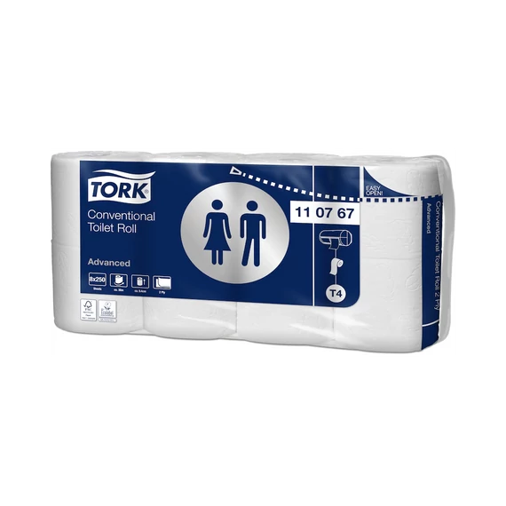 Toalettpapír 2 rétegű kistekercses átmérő: 10,3 cm 250 lap/30 m/tekercs 8 tekercs/csomag T4 Tork_110767 fehér